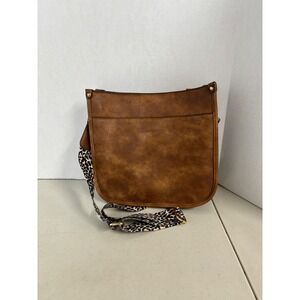 HR‎ Glass Cognac Vegan Leather Messenger Bag with Leopard Guitar Strap Brown